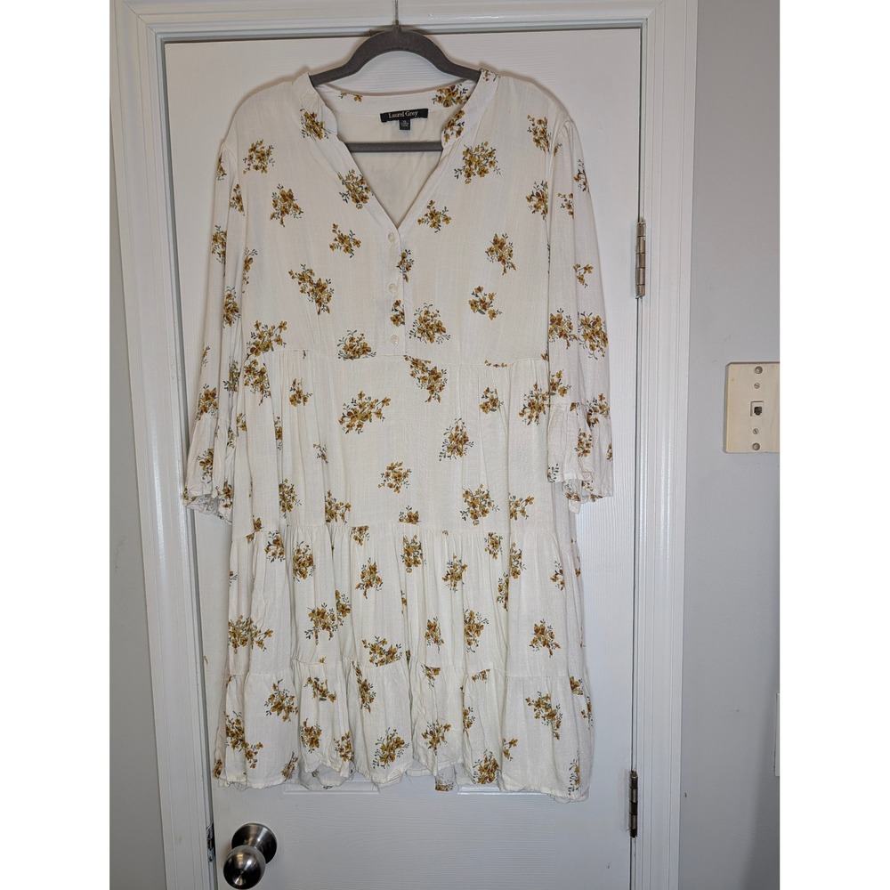 Laurel Grey Floral Tiered Babydoll Dress White Mustard 3/4 Sleeve XL Cottagecor